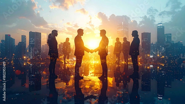 Obraz 朝日夕日の中の都市オフィスで交渉と握手を交わす多様なビジネスパートナーがきらきら輝き希望と成功を感じる瞬間