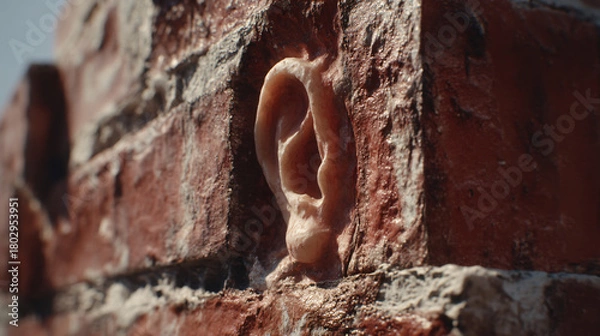 Fototapeta An ear emerging from a weathered brick wall, creating a surreal scene