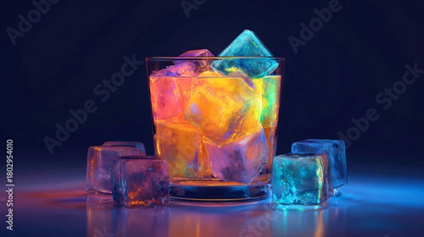 Fototapeta Colorful ice cubes in a glass with liquid on a dark background