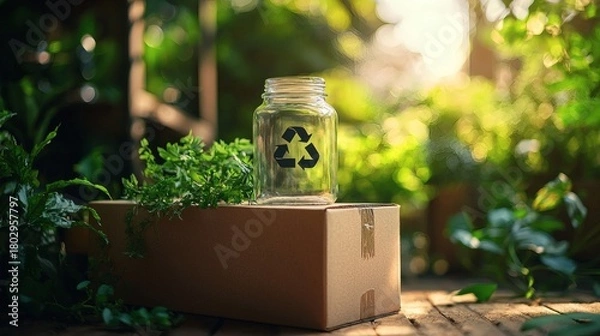Fototapeta A glass jar with the recycling symbol stands prominently atop a cardboard box, embodying the concepts of environmental conservation, sustainable practices, and the circular economy.