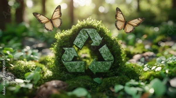 Fototapeta An artistic rendering that highlights the critical importance of environmental conservation, symbolizing recycling through lush greenery and majestic butterflies.