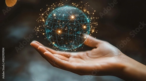 Obraz A person's hand delicately cradles a luminous globe of interconnected digital information. This conceptual illustration conveys a message about the global network, modern technology.