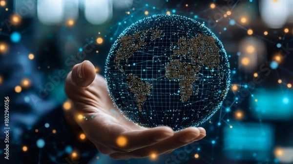 Fototapeta A human hand cradles a luminescent digital globe, symbolizing the interconnectedness of global digital networks, an allegory of the futuristic age. 
