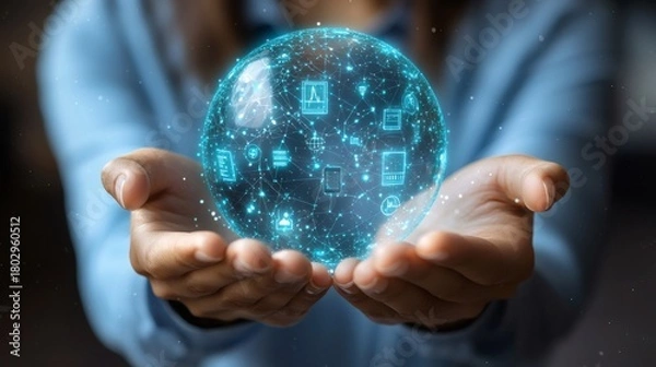 Fototapeta An individual cradles a digital sphere representing the interconnected world. A symbolic illustration of the power of technology in the palm of a hand.