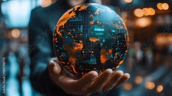 Fototapeta An individual cradles a digital, glowing globe, a symbol of interconnectedness and technological advancement, in a stylized representation of global networks.