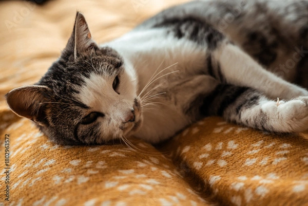 Obraz Relaxed tabby cat resting on a cozy, patterned blanket in soft sunlight. A beautiful cat with striking markings is captured in a moment of peaceful relaxation, enjoying a comfortable rest.