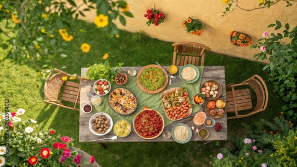Fototapeta table with food in the garden in summer view from above
