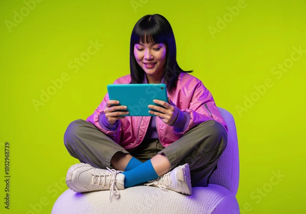 Fototapeta Smiling Asian Gen Z woman using a digital tablet while sitting cross-legged against a vibrant neon green background.