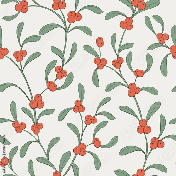 Obraz Beige Holly and Mistletoe pattern. Christmas floral pattern
