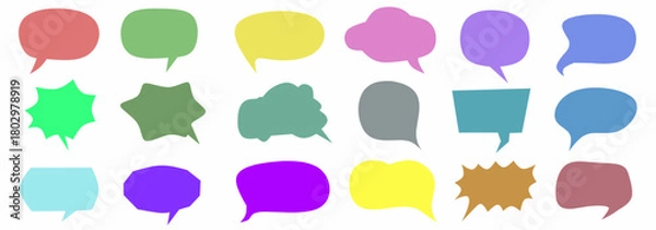Fototapeta Vibrant speech bubbles in assorted shapes and colors, ideal for chat designs, comic dialogue, messages, communication graphics, and creative illustration projects.