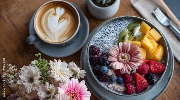 Fototapeta Bowl of fruit and a cup of coffee sit on a table. The bowl of fruit is topped with strawberries, blueberries, and raspberries, while the coffee is a latte with a heart design on top