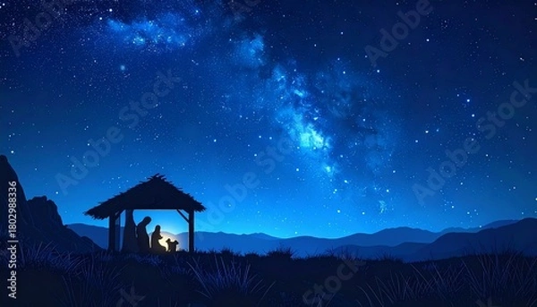 Fototapeta Nativity Scene Silhouette with Starry Sky