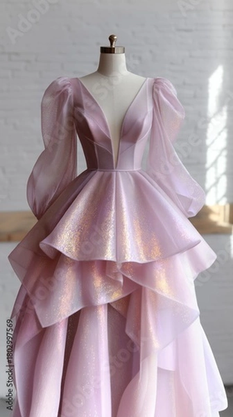 Fototapeta Close-up of a dramatic pink ball gown with iridescent puff sleeves, glitter, and layered ruffles. Concept of fantasy and fairytale.