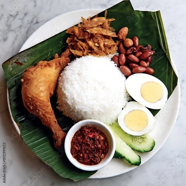 Fototapeta A delicious Indian chicken curry dish with rice, containing tomatoes, herbs, and a rich red sauce, ready for a gourmet dinner meal