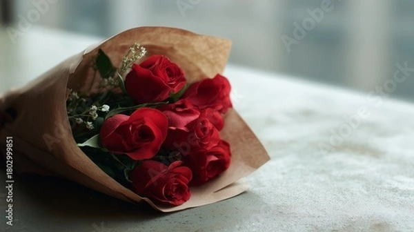 Fototapeta Elegant arrangement of fresh roses on a minimalist backdrop, symbolizing affection and classic beauty.