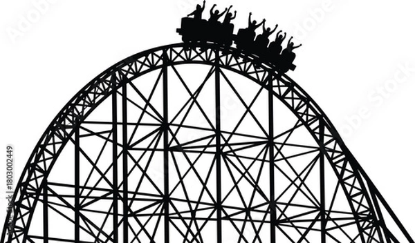 Fototapeta Black silhouette vector illustration of people riding a rollercoaster with hands up, enjoying a thrill ride at amusement park.