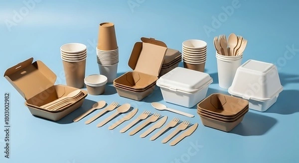 Fototapeta Sustainable eco friendly disposable tableware collection for takeout food service and events, compostable packaging for modern dining needs.