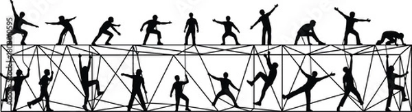 Fototapeta Black silhouette vector of active people climbing and balancing on a geometric truss structure, depicting obstacle course and teamwork.