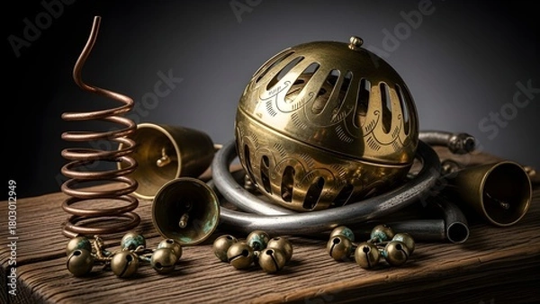 Obraz Vintage Artistic Sound Objects-brass resonator sphere, spiral coil chime, weathered wooden soundboard, tiny bell clusters, aged metal tubes.