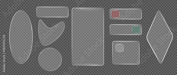 Fototapeta Glass frame collection geometric elements. Button and plates set . white translucent shapes with radiant borders. Various rectangle, morphism designs with glowing edges. transparent overlay