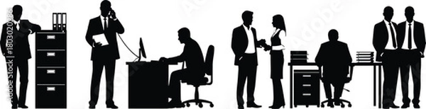 Fototapeta Black silhouette vector set of business people working in office, talking on phone, sitting at desk, and standing together.