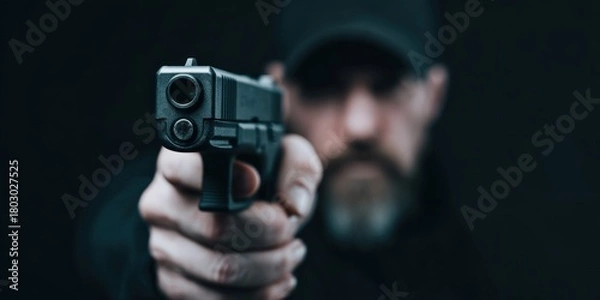 Obraz Man Pointing Handgun at Camera in Dramatic Lighting