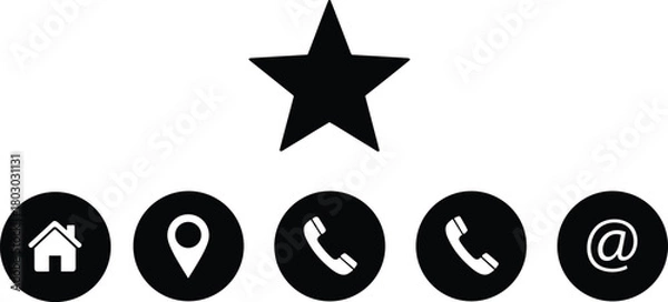 Fototapeta Contact icons set, home, location, phone, email, star symbol, black circles, communication design, UI elements, vector graphics, interface