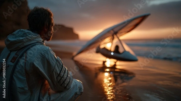 Fototapeta A solitary figure gazes at a hang glider landing softly on the sandy beach against a spectacular sunset, reflecting moments of introspection, adventure, and connection with nature.