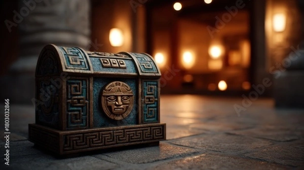 Fototapeta A beautifully crafted treasure chest featuring intricate Mayan designs and a vibrant color palette, set against a warm, inviting backdrop that suggests a sense of adventure and mystery.