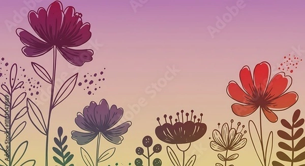 Obraz Floral Fantasy - Delicate Line Art Flowers Against a Soft Gradient Background.
