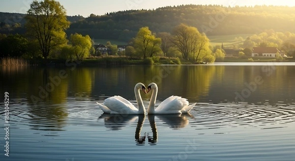 Obraz Golden Hour Serenity - Two Swans Forming a Perfect Heart on a Tranquil Lake.