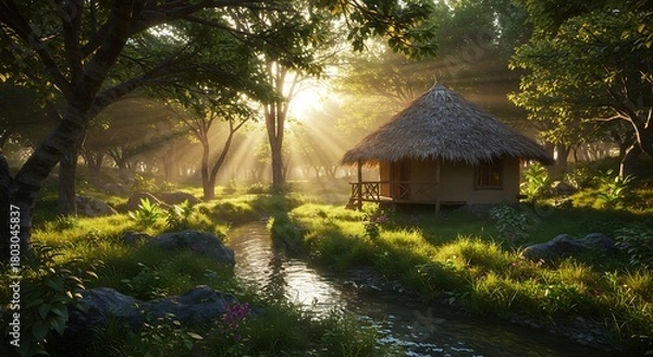Obraz Golden Sunbeams Pierce Lush Jungle Canopy, Illuminating a Secluded Thatched Hut by a Serene Stream.