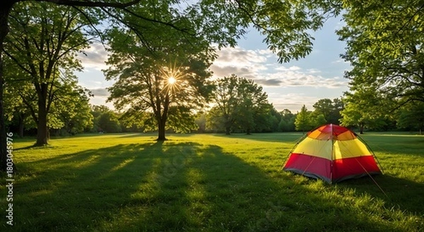 Obraz Golden Sunburst Over a Colorful Tent in a Serene, Shadow-Streaked Meadow.