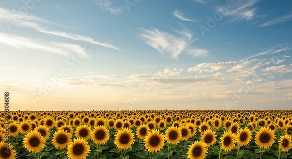 Obraz Golden Sunflower Field Under a Bright Blue Sky with Wispy Clouds at Sunset.