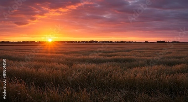 Obraz Golden Sunset Over Vast Harvested Wheat Field, Dramatic Sky with Fiery Hues.