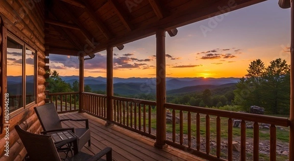 Obraz Golden Sunset Over Majestic Mountains from Rustic Log Cabin Porch, Inviting Serenity.