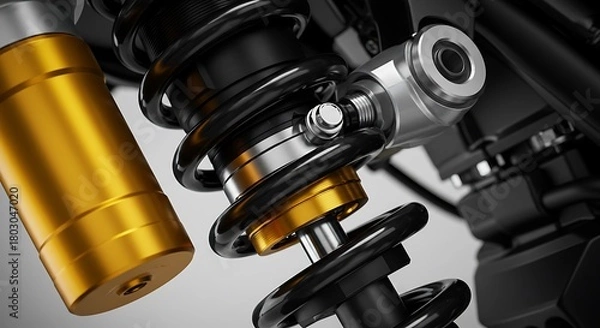Obraz High-Performance Motorcycle Suspension - A Detailed Close-Up of a Gold and Black Monoshock Absorber.