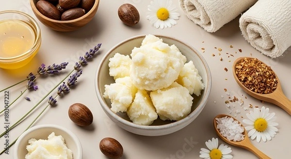 Obraz Holistic Beauty Flat Lay - Raw Shea Butter with Lavender, Honey, and Chamomile for Natural Skincare.