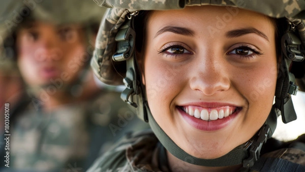 Fototapeta A female soldier with a bright smile stands in front of her comrades, showcasing camaraderie and readiness during military training. Army and war concept. Generative AI.