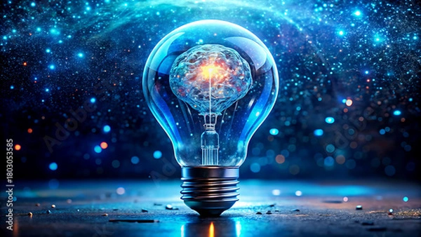 Fototapeta Brain inside a light bulb representing innovative ideas and artificial intelligence on a cosmic background