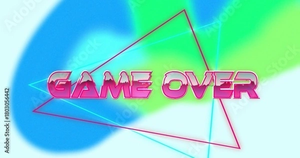 Obraz Showing pink GAME OVER lettering on poster, blue-green blurred gradients, magenta cyan triangles