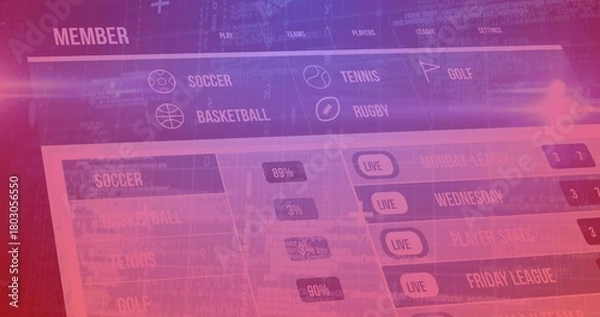 Fototapeta Displaying sports dashboard on screen, showing MEMBER label, LIVE buttons, percentage badges