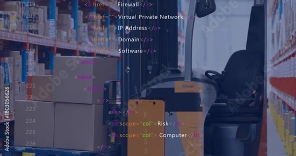 Fototapeta Showing powered pallet truck sitting right of aisle at warehouse, with blue pallet and code overlay