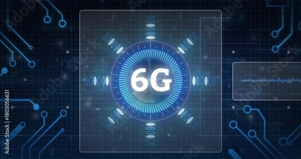 Obraz Displaying central 6G HUD graphic rotating on virtual interface, showing waveform panel right
