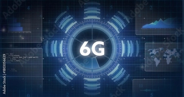 Fototapeta Displaying central circular HUD showing 6G in network UI, glowing rings and floating panels