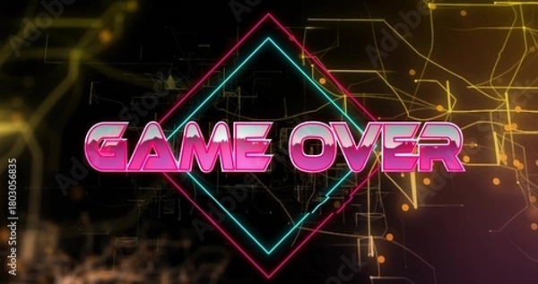 Obraz Displaying centered neon GAME OVER typography glowing in virtual arcade, with cyan magenta diamond
