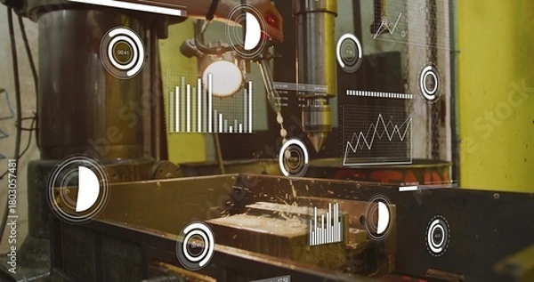 Obraz Cutting mill spindle driving endmill into vise block in shop, spraying coolant, ejecting chips, HUD