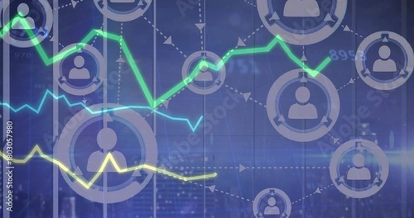 Obraz Displaying network dashboard on glass panel, showing user nodes, dashed arrows, three trend lines