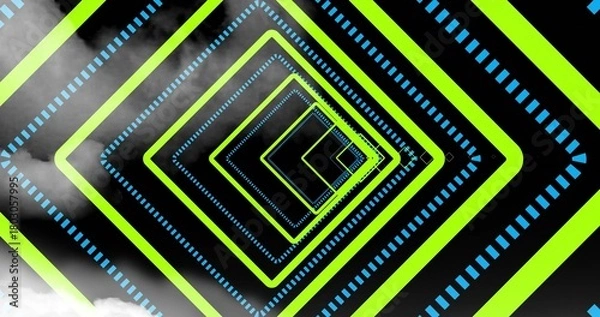 Obraz Receding diamond frames forming light tunnel in dark backdrop with lime-glow and cyan dashed frames