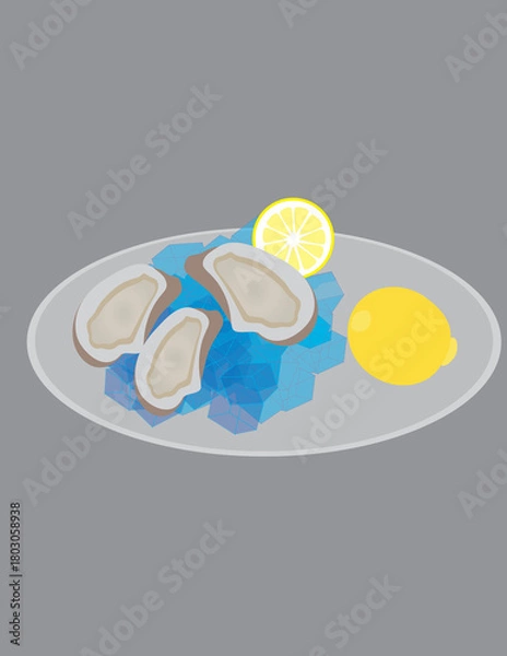 Fototapeta A vector art of a plate of oysters with a slice of lemon on a bunch of ice cubes.